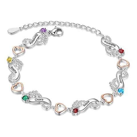 JewelOra Personalized Infinity Mother Bracelet with Simulated Birthstone Custom Name Feet Link Bracelet for Women Heart Bracelet Adjustable Chain Charm Birthday Mother's Day Gift(6 name) Cover