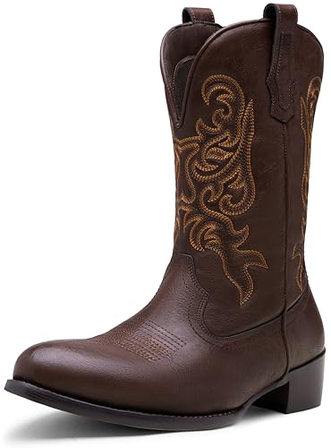 Jousen Cowboy Boots For Men Classic Western Embroidered Boot Retro Short (Darkbrown-10)