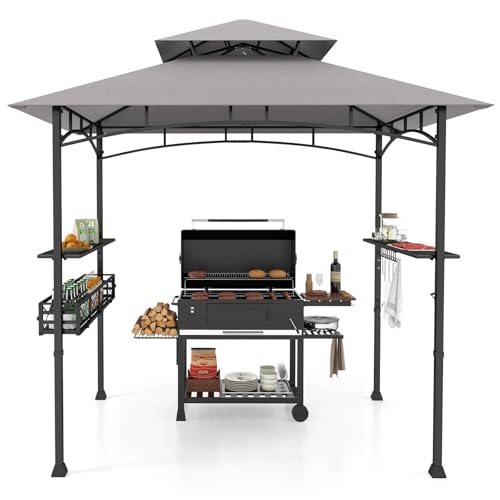 FANTASK Der Grillpavillonmit Doppeldach, Seitenregalen, Haken und Flaschenöffner, Grillüberdachungen wetterfest, Grillunterstand, 242 x 153 x 250 cm, Grau