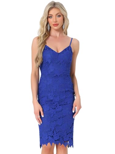 Image of Allegra K Lace Dress for Women's Spaghetti Straps Wedding Guest Bodycon Sleeveless Party Midi Dresses