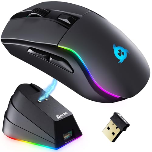 KLIM Blaze Y – Ratón inalámbrico RGB Recargable con estación de Carga – Novedad – Sensor de Alta precisión con batería de Larga duración – hasta 6000 dpi – Ratón inalámbrico con Cable