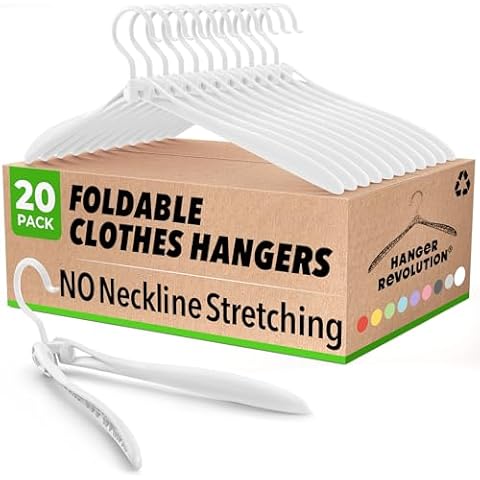 Foldable Hangers by Hanger Revolution - Slide Easily Through Necklines Without Stretching - Non-Slip Plastic Arms Prevent Wrinkles & Marks - Perfect for Closet, Laundry & Travel - White - 20 Pack Cover