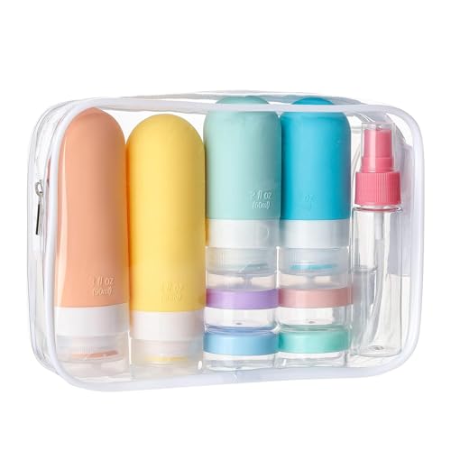 Kit de Frascos de Viagem, 17 Itens, Silicone e Plástico, com Necessaire Transparente, 60ml e 90ml (Multicor)