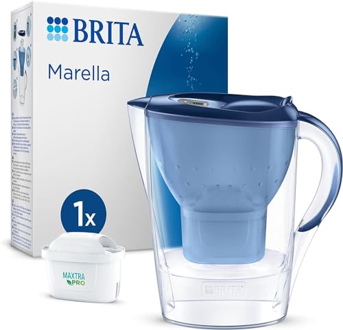 BRITA Jarra con Filtro de Agua Marella Azul (2,4 l) Incl. 1x Cartucho MAXTRA PRO All-in-1 - jarra adaptable al frigorífico con LTI digital y tapa abatible que reduce cloro, cal e impurezas.
