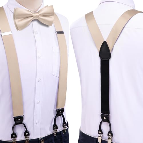 Image of Hi-Tie Men Suspender Bowtie Set Suspenders Pre-tied Bow Tie Pocket Square Cufflinks Adjustable Y Shape 6 Clips Braces Tuxedo
