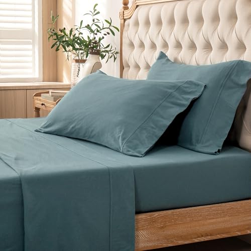 PURE ERA Jersey Knit 3pc Bed Sheet Set 100% T-Shirt Cotton Super Soft Comfy Breathable Fits Mattress Up to 20" Extra Deep Pocket (Solid Cerulean Blue,Twin)