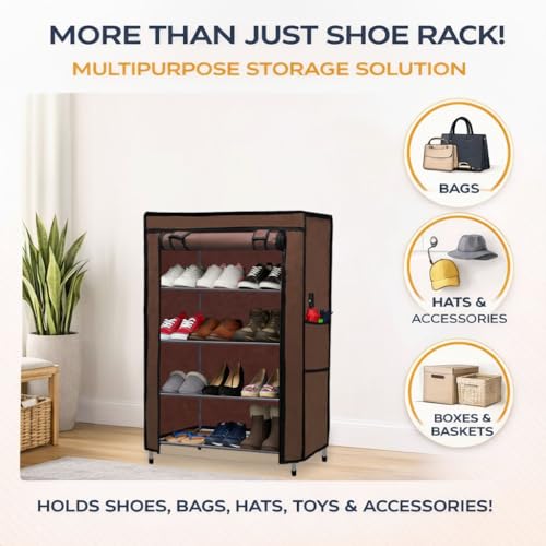 Image of Metal Shoe Stand with Cover, 4 Tier Shoe Organizer for Home & Office - Brown
