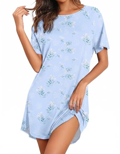 Image of Ekouaer Nightgowns for Women Bamboo Viscose Night Gown Short Sleeve Sleep Shirt Cooling Nightshirt Soft Sleepwear S-XXXL