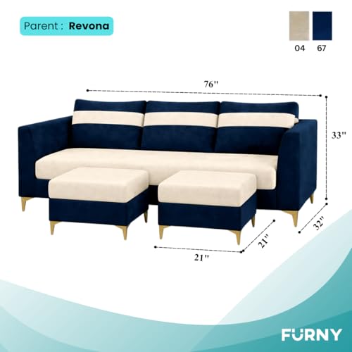 Image of FURNY Nova 5 Seater L Shape Sofa Set with 2 Movable Ottoman | Flexible Left or Right Layout | Plush Velvet Fabric (Dark Blue-Cream) | Perfect for Living Room, Guest Room & Office