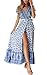 ECOWISH Damen Kleider Boho Sommerkleid V-Ausschnitt Maxikleid Kurzarm Strandkleid Lang mit Schlitz Hellblau XL