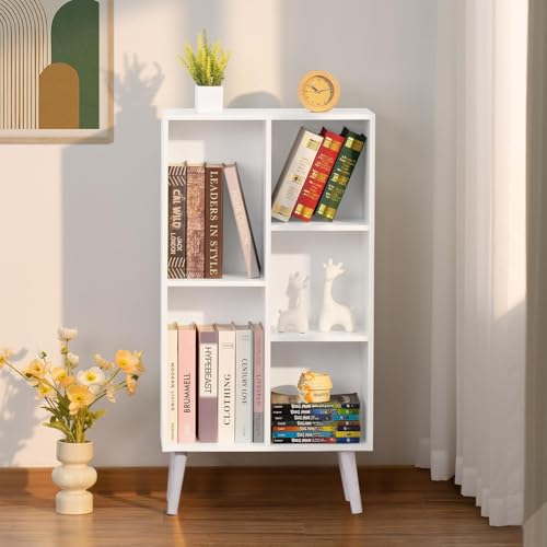 Image of Callas Wooden Book Shelf with 5 Open Storage Compartments | Engineered Wood Display Rack with Legs | Modern Book Organizer for Kids Room Study Office Living Room (White)