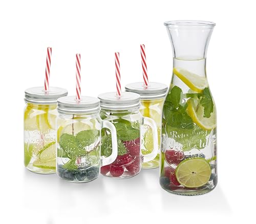 alpina Gläser Set 6 Teilig mit Karaffe - Trinkgläser für Wasser und Getränke - Wassergläser Set mit 4 Trinkgläsern und Deckel - Mason Jar Stil - Karaffe aus Glas 1L