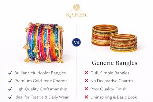 Image of Kaher Kashmiri Glass Bangle with gunghro Set for Women| Traditional, Fancy Glass Chudi Set for Festival, Wedding, and Party (Set Of 16)