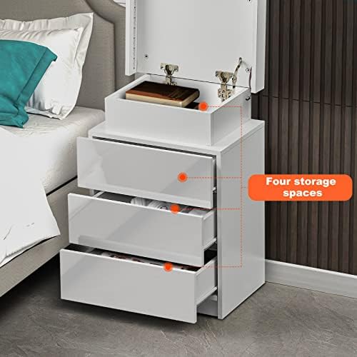 CLIPOP Modern Bedside Table High Gloss Front 3 Drawer Nightstand with RGB Strip Light Flip Cover Design Bedside Cabint for Bedroom Living room