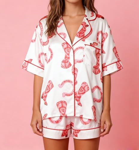 Image of Yiulangde Cowboy Boot Pajamas For Women Cute Silk Satin Preppy Pjs Shorts Y2k Printed 2 Piece Button Down Pajama Shirts Sets, Small, White-horseshoe