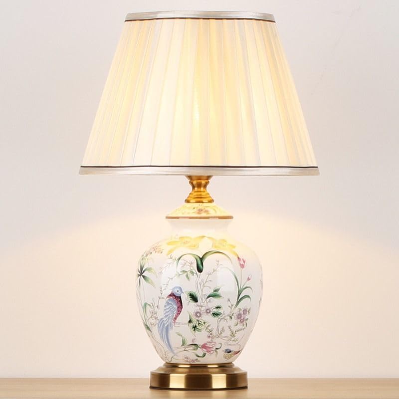 HvKvHvY Vintage Ceramic Table Lamps,E27 Handmade Bedside Lamp Nightstand Lamps, Classic Chinoiserie Green Fabric Desk Lamp for Bedroom Living Room Office(A05)