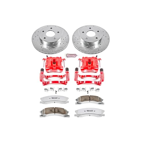 Image of PowerStop Front Brake & Caliper Kit for Jeep Grand Cherokee 1999-04 - Drilled & Slotted Disc Rotors + Carbon-Fiber Ceramic Brake Pads + Red-Powder Coated Calipers, KC2149-26