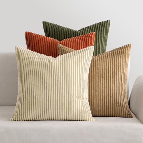 MIULEE Corduroy Cushion Covers Soft Decorative Square Throw Pillow Covers Cushion Soft Pillowcase Striped Pack of four for Home decor Sofa 45cm x 45cm,18x18 Inches Brown green series