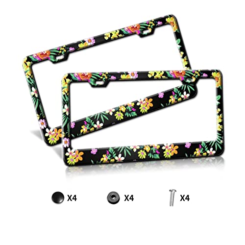 Hawaiian Hibiscus Flowers License Plate Frames 2 Pack, Palm Leaves License Plate Covers Holder Lighted Cute Metal Car Tag Frame Tag Cover For License Plate Car Accessories For Women Girl With 2 Holes #TOP1