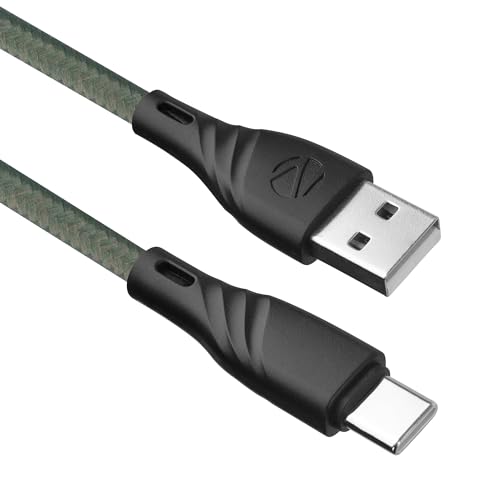 Zebronics USB to Type C Braided Nylon Cable, 33W, 3A Max, 1.5 Meters, Rapid Charging, 15000+ Bends Tested, Charge & Sync, Durable, Samsung, OnePlus, Xiaomi, Realme, Oppo (UT300, Green)