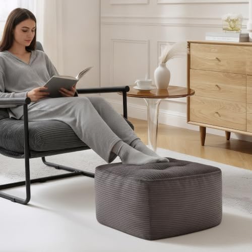 Image of Square Stuffed Pouf Ottoman, Corduroy Oversize Foot Rest,Dark Grey