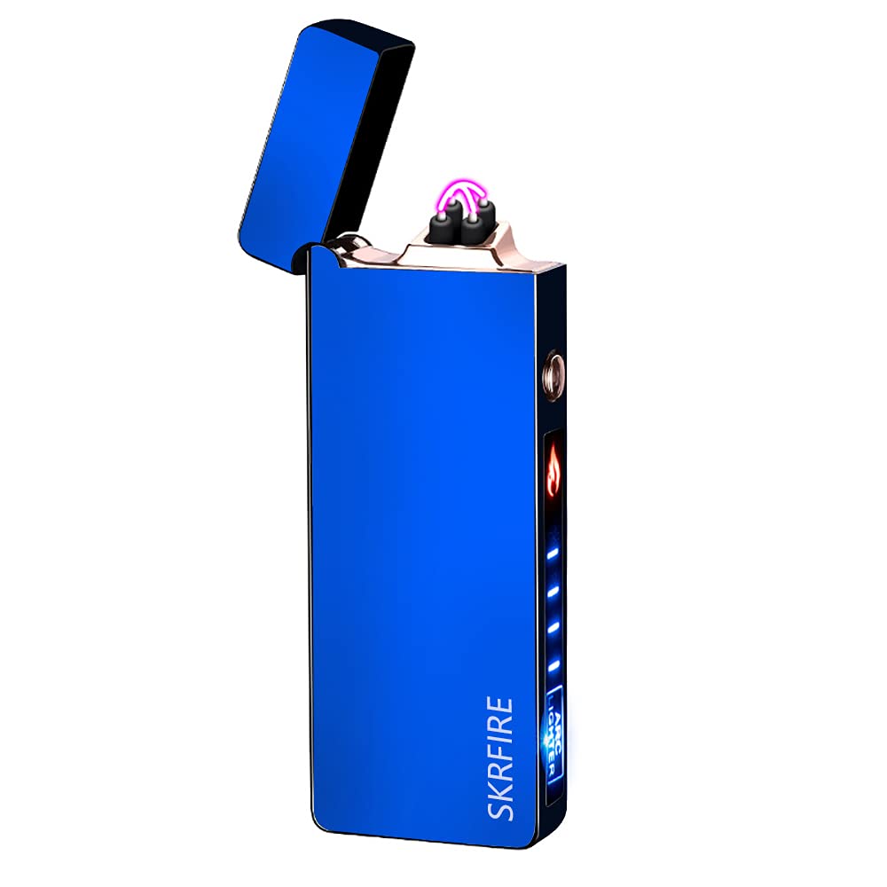 SKRFIRE Dual Arc Electric Rechargeable Lighter USB Cool Electronic Windproof Lighter with LED Battery Indicator for Candle, Firework, BBQ (Blue)