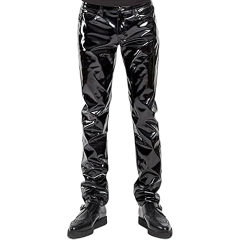 iixpin Herren Lack Leder Hose Lange Pants Wetlook Hose Slim Fit Leggins mit Reißverschluss Sexy Männer Latex Party Club Kostüm Schwarz_B M Cover