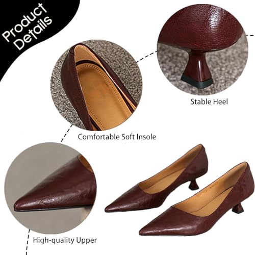 Women's Classic Matte Leather Low Kitten Heel Pumps Elegant Pointed Toe Slip On Comfortable Soft Sole Low Heels Pump Shoes Casual Office Evening Party Basic Dress Shoes4