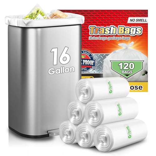 16 Gallon 120 Counts Strong Tall Kitchen Trash Bags,Fit 13,15,16,18,20Gal,Garbage Bags by Teivio, Unscented,Bin Liners, Plastic Bags for home,for Bathroom,Office,Industrial,Commercial, Clear