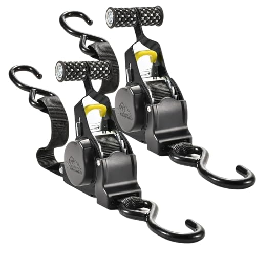 Retractable Ratchet Tie-Downs Straps 11Ft, Heavy-Duty Stainless Steel S-Hooks with Padded Handles, 1,500lbs Guaranteed Max Break Strength, Use for Boat or Truck Securing Cargo, 2 Pack