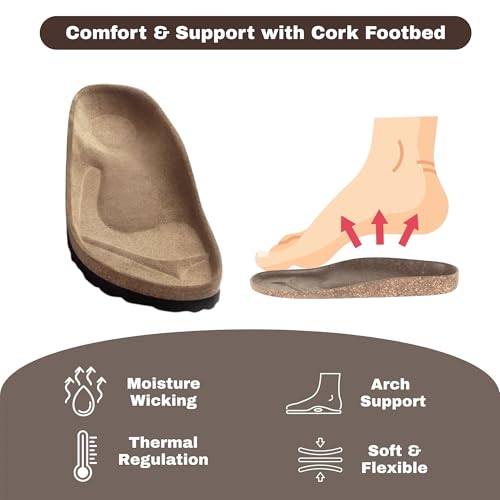 Image of Women Cork Footbed Sandal Unisex, Comfortable Vegan Leather Slip On Summer Beach Sandal with Adjustable Buckle Strap, Casual Open Toe - Wide Fit