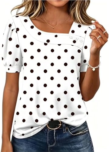 Rapbin Bluse Damen Kurzarm Oberteile Elegant Asymmetrischem Ausschnitt T-Shirt Sommer Button Blusenshirt Casual Top from S to XXL
