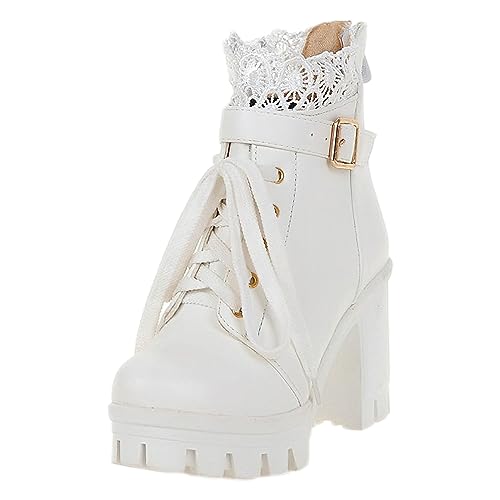 rismart Botín Mujer Bota de Tobillo Cremallera Correa con Hebilla Moda Zapatos de Plataforma Blanco,37