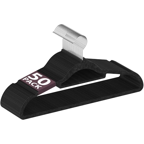 ZENO Velvet Hangers 50 Pack | Coat Hangers Adult | Non Slip Clothes Hangers with Tie Bar 360° Hook | Space Saving Wardrobe Organisers | Durable & Sturdy Velvet Hanger for Adults | Black