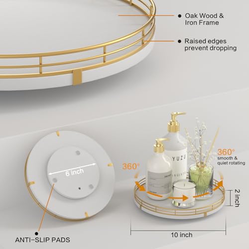Image of 10 inch Wooden Lazy Susan Turntable for Cabinet - Rotating Spice Rack Organizer, Small Kitchen Countertop Tray for Dining Table & Pantry Storage (White & Gold)