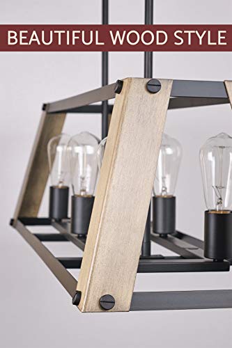 Kira Home Parker 34" 6-Light Farmhouse Kitchen Island Light + Tapered Rectangular Frame, Smoked Birch Wood Style + Black Finish #TOP4