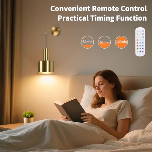 Image of VerRon Rechargeable Battery Operated Wall Sconce Set of Two, Gold Wireless Battery Powered Lights with Dimmable Detachable Bulbs & Remote, Modern Sconces Wall Decor for Bedroom Living Room Hallway