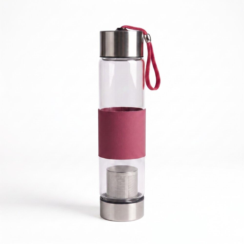 Garrafa de Vidro com Infusor de Chá 450ml de Aço Inox para Ervas e Água Saborizada (Rosa)