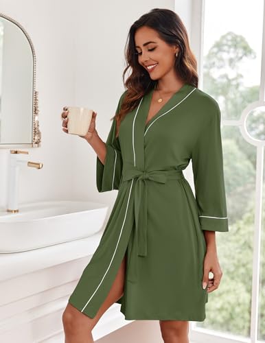 Image of Ekouaer Women Kimono Robes Knee Length Knit Bathrobe Lightweight Soft Sleepwear V-neck Casual Ladies Loungewear