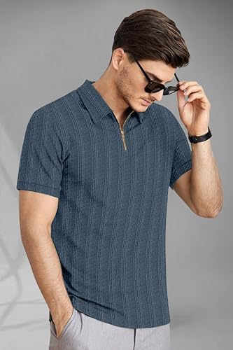 Image of Men's Cotton Polyester Regular Fit Polo T-Shirt with Short Sleeve and Zipper as Closure