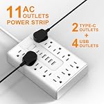 Bande de puissance du protecteur de surpression, 11 Largement espacées AC Sorties & 6 USB Ports (4A+2C), 5FT Barre d'alimentation à prise plate, murable, protection contre les surpressions pour la maison, bureau, salle de dortoir Essentiels
