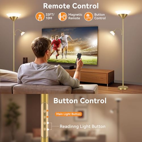 Image of SIBRILLE 2-in-1 Torchiere Floor Lamp, 34W Super Bright LED Standing Lamp with Remote & Touch Control, 72 inch Dimmable Adjustable Corner Reading Lamp for Living Room, Bedroom, Office, Gold
