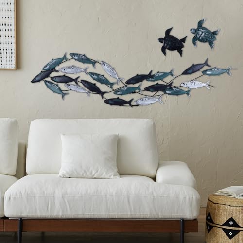 Ocean Metal Fish Wall Art, Coastal Modern Marine Sculptures, Nautical Beach Home Decor for Bedroom, Living Room, With Two Metal Turtles - Image 4