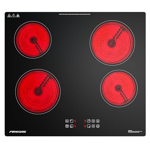 FIREGAS Plaque Vitrocéramique 4 Feux Encastrable 6000W – Plaque de Cuisson Électrique Ultra Fine 4,6 cm, 9 Niveaux, Minuteur, Touches Tactiles, Compatible avec Tous...
