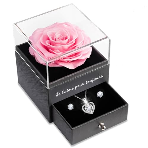 Sunia Cadeau Saint Valentin Femme, Rose Eternelle avec Bijoux Argent 925, Collier Coeur Boucles d'oreilles,Coffret Cadeau Femme, Rose Préservée avec Collier,...