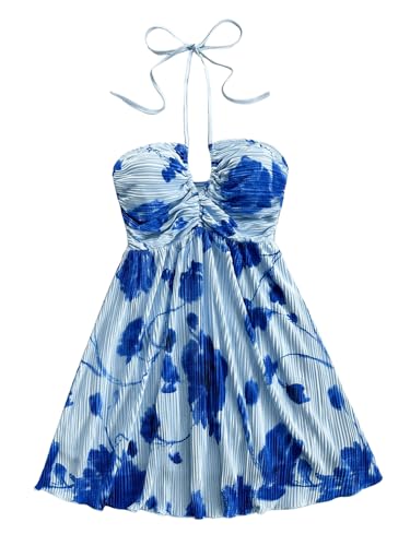 Floerns Women's Floral Sleeveless Halter Dress Milkmaid Flare Hem Boho Dress Blue Medium