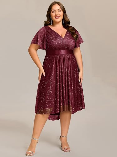 Image of Ever-Pretty Plus Women's Cocktail Party Dress V Neck A Line Glitter Plus Size Formal Wedding Guest Dresses for Curvy Women