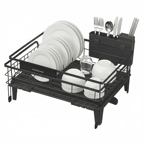 Image of SONGMICS Dish Drying Rack, Kitchen Dish Rack with Drainboard, 360 Rotatable and Extendable Spout, with Cutlery Holder, (12.2-22) x 16.5 x 7.9 Inches, Ink Black UKCS552B01