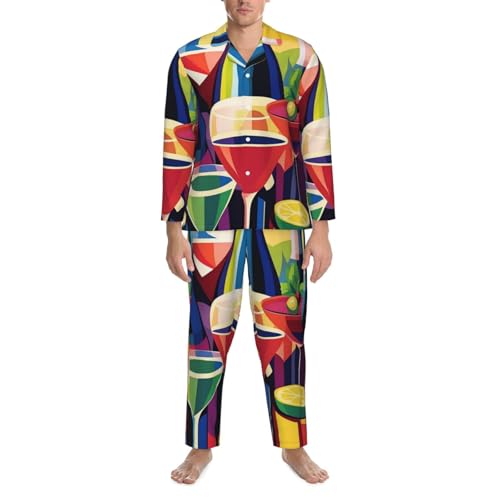 Wine Bottles And Cocktails Mens Pajamas Set Button Down Sleepwear Set Long Sleeve Loungewear With Pockets