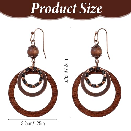 Yuanchnu Handmade Wooden Dangle Boho Earrings for Women, Bohemian Earring Vintage Carved Brown Circle Openwork Brown Drop Tribal Multi-Layer Hoop Earring Wood Hollow Geometric Lightweight Jewelry Gift4